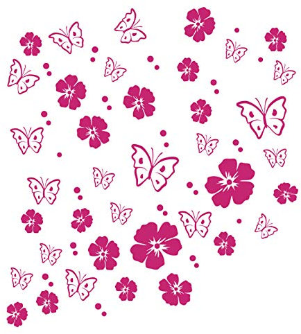 kleb-Drauf | 19 Blüten, 19 Schmetterlinge und 42 Punkte | Pink - matt | Autoaufkleber Autosticker Decal Aufkleber Sticker | Auto Car Motorrad Fahrrad Roller Bike | Deko Tuning Stickerbomb Styling