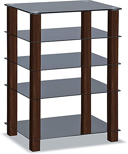 Homeology Centurion Supports TRINITY Gloss Black 5 Shelf with Walnut Legs Flat Screen TV Rack Glass Stand