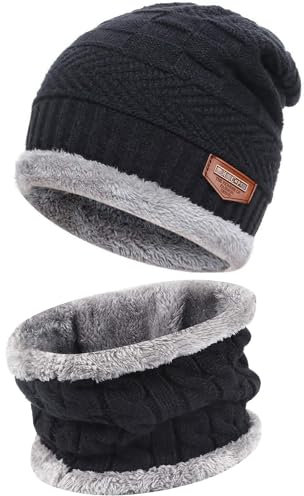 Bequemer Laden 2 Stücke Winter Beanie Mütze Schal Set Wolle Warme Strickmütze Dicke Fleecefutter Wintermütze & Schal für Herren und Damen, 1-Schwarz, Einheitsgröße