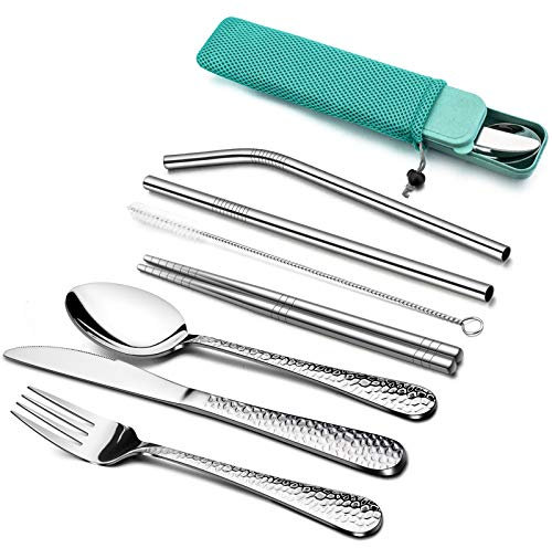 HaWare 9 Piece Individual Portable Hammered Cutlery Sets, Stainless Steel Camping Travel Flatware for 1 with Knife, Fork, Spoon, Chopsticks, Cleaning Brush, Straws, Portable Case & Bag (Green