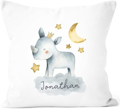 SpecialMe® Kissen-Bezug mit Namen Wunschname Tier-Motive Nashorn Löwe Elefant Watercolor Namenskissen Kinder Baby Weiss Unisize