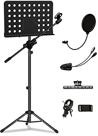 Notenständer für Notenblätter mit Mikrofonstange, All-in-One Faltbarer Notenständer mit Pop-Filter & Handyhalter, Tragbarer Notenständer mit Licht & Clips für Violine, Gitarre, Ukulele, Violinspieler