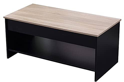Happy Garden Moderner Couchtisch mit hochklappbarer Tischplatte Schwarz und Holz Hedda. Wohnzimmertisch aus Holz mit Ablage. Rechteckiger Tisch mit Regal.