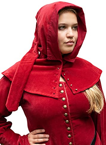 Battle-Merchant Mittelalter Gugel aus Samt Mirella, für Damen, Rot | Baumwolle, Kopfbedeckung, Kapuze, Haube, Reenactment, LARP & Fantasy Cosplay, Kostüm