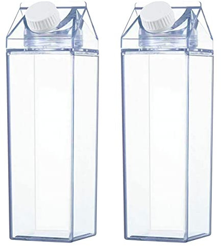 2 Stück Milchkarton Wasserflasche, 500ml Klare Milchkarton Wasserflasche aus Kunststoff, Transparentem Quadratische Milchkartonflasche Tragbarkeit Plastikmilchbox Milchflasche für Outdoor-Sportarten