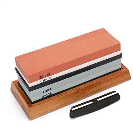 Aoresac Knife Sharpener Set 400/1000, 3000/8000 Double Sided Whetstones with Bamboo Non-Slip Base Fixed Whetstone