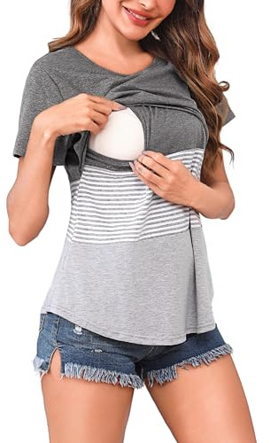 Bresdk Amning T-shirt dam kortärmad moderskap topp graviditetskläder bomull sommar moderskap kläder toppar blus amning, Färg: grå, L