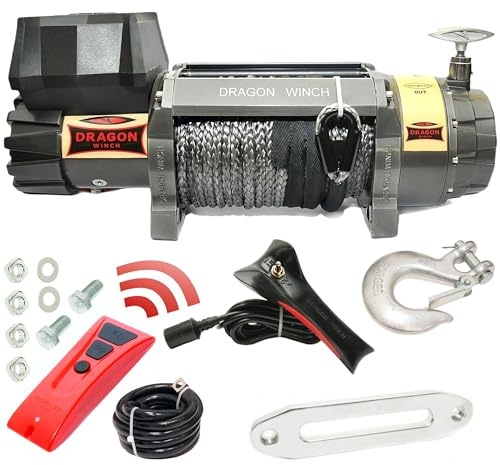 Dragon Winch Cabrestante eléctrico Highlander 12000 lbs (5443 kg) 12V con Cuerda Sintética 30m para Todoterreno y SUV | Resistente al agua + control remoto inalámbrico y accesorios para Cabestrante