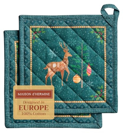 Maison d' Hermine Hot Pads - Sottopentole pasquali in 100% cotone con fiocco, resistente al calore, set con 2 presine per, microonde, Hygge Christmas – Festa del Ringraziamento/Natale (20 cm x 20 cm)