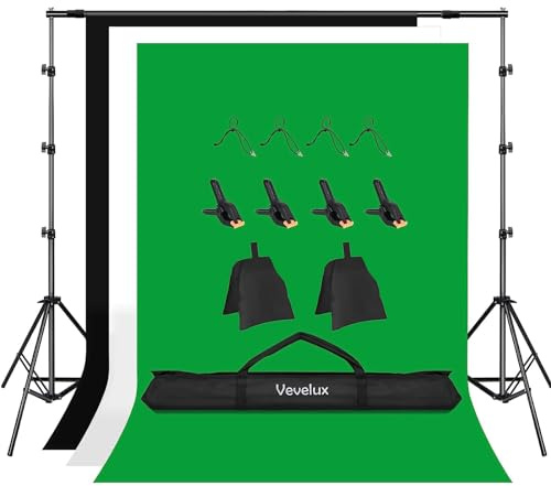 2.6X3M/8.5X10FT Adjustable Backdrop Stand Kit with 3 Color Backdrops | Black/White/Green Screen Background Stand with 8 Clamps, 2 Sandbags & 1 Carrying Bag for Portrait Photography Video Shooting