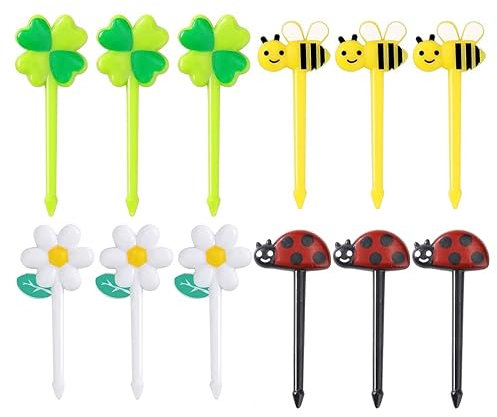 JOCXZI 16 pieces cute mini fruit forks-sunflower ladybug fruit forks children's plastic bento box accessories for children/adults, plastic, easy to clean
