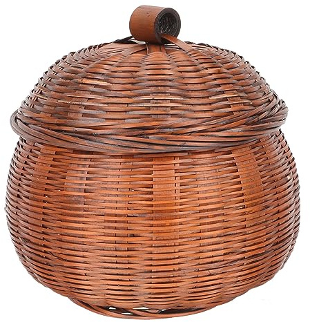 HEMOTON Pumpkin Basket with Lid 5.5 Inch Woven Storage Basket Multi-Function Egg Holder Convenient Fruit for Household Storage and Decorative Use