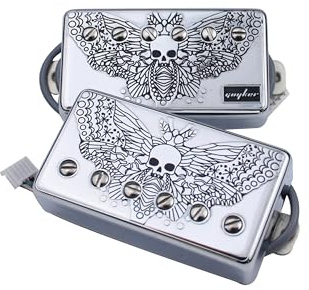 Guyker Alnico5 Humbucker Tonabnehmer LP Les Paul Gitarre, Plain Enamel Guitar Pickup with Circuit, Skull Wing Pattern Chrome Surface