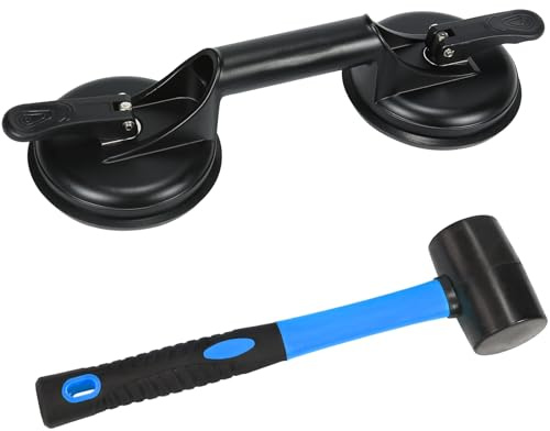 Fijador de huecos de piso para herramienta de reparación de huecos de suelo laminado, incluye ventosa de aluminio resistente y mazo de goma con mango de fibra de vidrio (no se puede utilizar en suelos