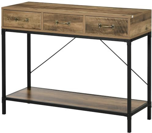 HOMCOM Table Console Table d'Entrée Acier 100 x 35 x 76,5 cm Marron Clair | Bout de Canapé, Cadre En Acier Au Carbone, Montage Facile, 3 Tiroirs, 1 Plateau Aspect Bois, Design Industriel