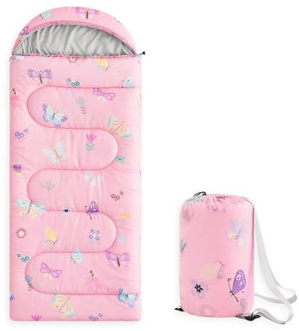 Wake In Cloud - Kids Sleeping Bag for Girls Toddlers, Camping in Warm Cold Weather, Backpacking Lightweight Compact Outdoor Liner for 3 Seasons, Butterfly Garden Flowers, Dark Pink