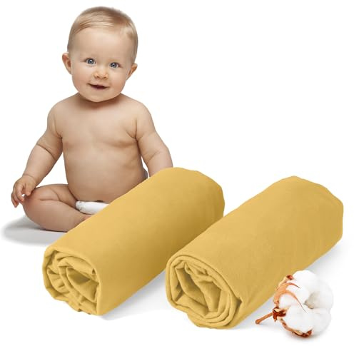 Dreamzie - Sábanas Bajeras Cuna 60x120cm - 100% Algodón Jersey - Lote de 2 | Sábana Infantil Ajustable 60x120 y 70x140cm · Cuna y Maxicuna de Bebé · Lavable a 60 °C · Certificado Oeko-Tex · Amarillo
