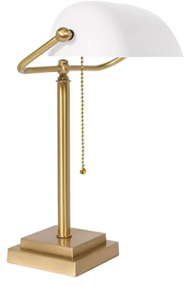 Licht-Erlebnisse Tischleuchte Weiß Bronze hell H: 40 cm schwenkbar Zugschalter aus Messing Glas Jugendstil E27 Schreibtischlampe Bankerlampe Arbeitszimmer