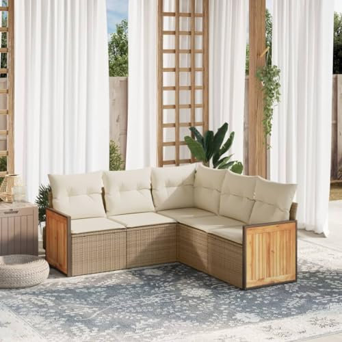 Rantry 5-TLG. Gartenmöbel Set mit Kissen Gartensofa Balkonmöbel Gartenlounge Loungesofa Rattansofa Modular Ecksofa Ecklounge Sitzgruppe Sofagarnitur Loungemöbel Beige Poly Rattan