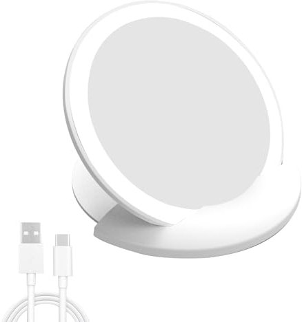 CGBE Taschenspiegel, Kleiner Kosmetikspiegel mit LED Beleuchtung, Tragbarer Make-Up-Spiegel Schminkspiegel Kompakt für Unterwegs, USB Wiederaufladbarer Kompaktspiegel Reisespiegel mit Licht, Weiß