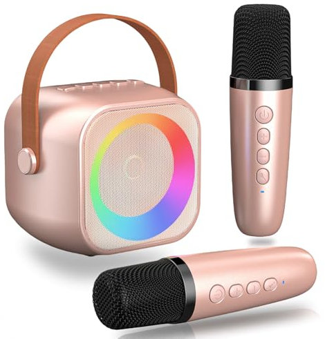 Macchina Karaoke Bambini con 2 Microfoni Senza Fili HiFi Microfono Karaoke Bluetooth Mini Portatile Microfono Karaoke con Cambiatore di Voce Magico e Luci LED, Regalo Giocattolo per Ragazzi 3-12 Anni