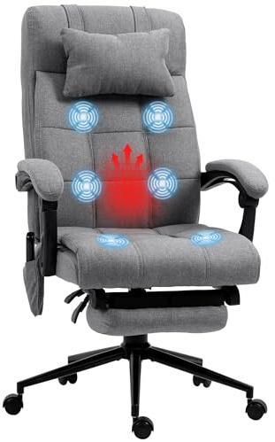 Vinsetto Silla de Oficina Giratoria con Masaje, Silla de Escritorio Reclinable hasta 155°, Función de Calefacción, Altura Ajustable, Reposapiés, para Estudio, Gris