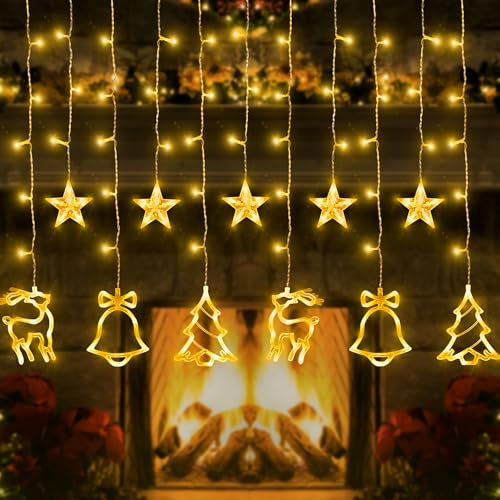 BellaAchtung 2.3M 138 LED Rideau lumineux intérieur extérieur IP44 Imperméable Lumières Guirlandes lumineuses avec minuterie Prise éclairage de Noël Cloches Cerfs Fenêtre Décoration