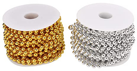 2 Pezzi Filo di Perle Finte, 10 Metri 6 mm Oro Argento Fili di Perle Finte Rotonde Rocchetto di Perline Ghirlanda per La Decorazione della Festa Nuziale