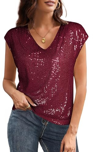 GRACE KARIN Damen Pailletten Bluse V-Ausschnitt Glitzer Oberteile Kurzarm Vintage Paty-Bluse Cocktail Club Night Outfits