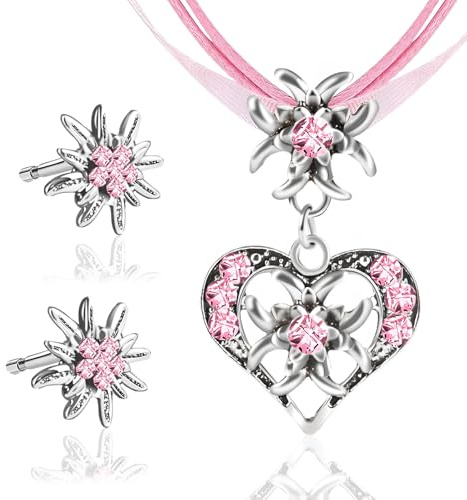 GUBOOM 3 Stück Trachtenschmuck Set, Trachtenkette Damen Oktoberfest, Bayerisch Dirndlschmuck, Accessoires Kette Schmuck Mit Herz Anhänger Und Ohrstecker