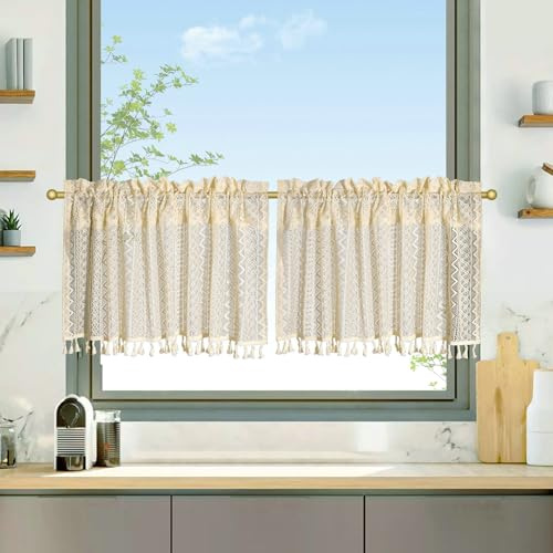 Beydodo Vorhänge Kurz 45CM, Scheibengardine Bistrogardine Boho Halbtransparent Beige mit Muster Geometrie Küchengardinen Landhausstil 2er Set 90x45CM