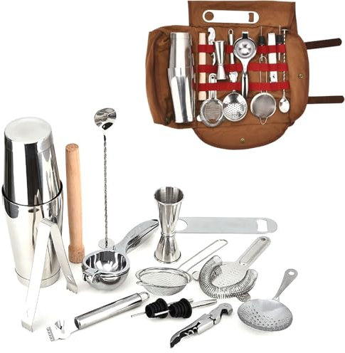 LIULIQ Ensemble Shaker À Cocktail, Ensemble De Préparation De Cocktails en Acier Inoxydable De 15 Pièces avec Sac De Rangement, Conception De Séparation en Deux Étapes Scellée Et sans Fuite