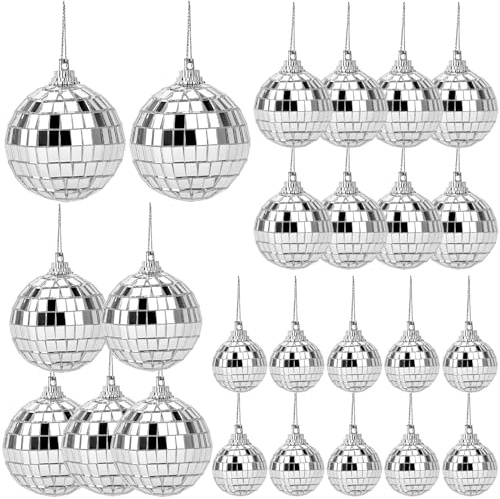 QWORK® 25 Piezas Bolas de Discoteca, 4 tamaños 2cm/3cm/4cm/5cm Bola de Espejo Plateada, para Fiestas y Decoraciones
