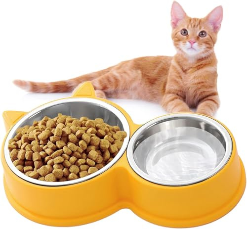 HTRTRR Set Ciotole per Gatti e Gattini in Acciaio Inox, Lavabile in Lavastoviglie, Ideale per Cibo Secco e Umido, Design a Forma di Gatto, disponibile in Colori Assortiti (giallo)