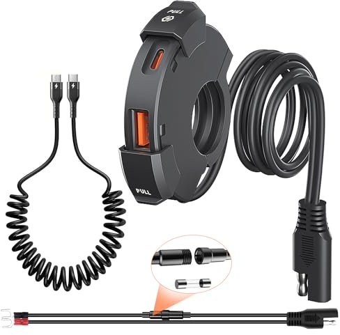 Motorcycle Charger 18W QC3.0 USB and 30W PD Type C Dual USB Port Waterproof Motorbike Phone Charger 12V USB Socket Adapter with 5A USB C to USB C Spring Cable Cable