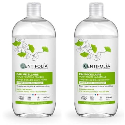 CENTIFOLIA | Eau Micellaire | Nettoyante & Démaquillante | Élimine le maquillage Waterproof | Peau Propre & Confortable | Peaux Même Sensibles | 99% Naturel | Fabriqué en France | Lot de 2x500 mL