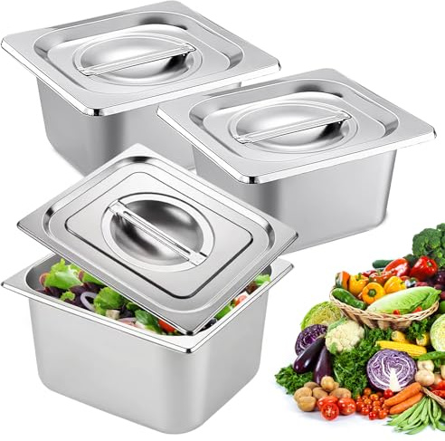 PORFOYO Lot De 3 Bac De Cuisson En Inox 1/6 Bac Inox 17,6x16,2x10cm Bols À Paner Avec Couvercle, Plat Rectangulaire Ensemble De Récipients En Acier Inoxydable Récipient Gastronorme Pour Nourriture