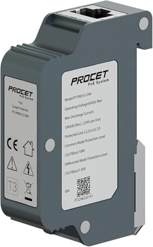 PROCET Ethernet Surge Protector DIN Rail Gigabit - 20KV Industrial Lightning Arrestor for -40°F to 185°F, 120Wmax 10 Gbps PoE++ RJ45 Surge Protector, Gas Discharge Tube（GDT）, PT-PR01G-10-DIN