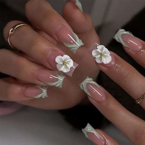 Shimmerz 24 Pieces Green Flower Artificial Nails Medium Almond Shape 3D Wave Floral Design French Tip Reusable Spring for Ladies