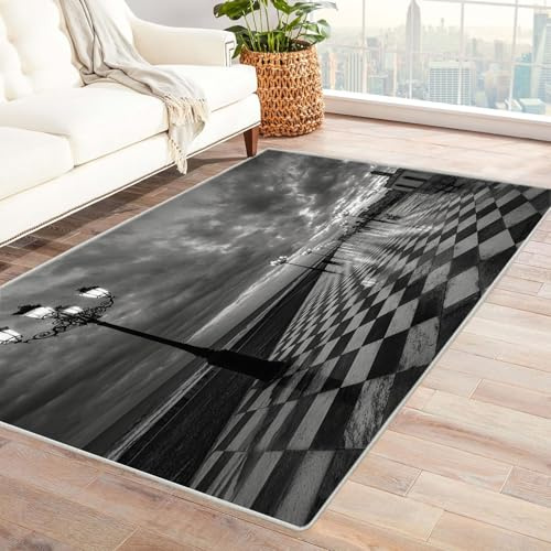 CUDAOO Alfombra Moderna con patrón geométrico, Pelo Corto Camino bajo Las Nubes para Sala de Estar, Oficina, Mesa de café, Cama, balcón（En Blanco y negro-60x90cm