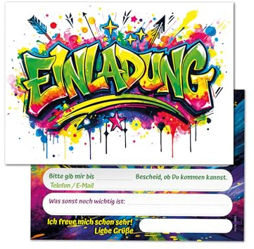 Junaversum 12 Einladungskarten zum Kindergeburtstag Junge Mädchen Graffiti Kinder coole bunte Einladungen Geburtstag Geburtstagseinladungen Kids