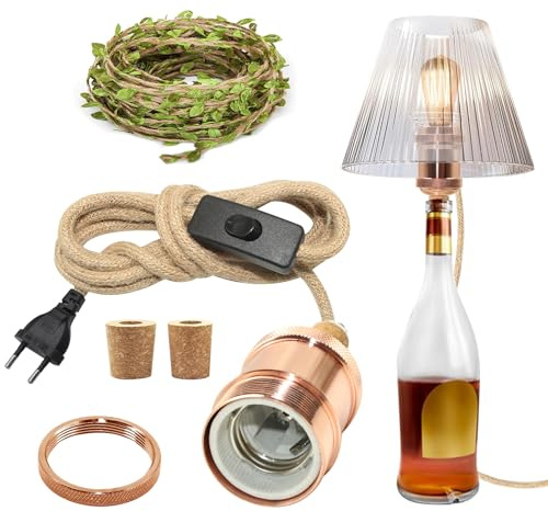 ZRLXFM E27 Flaschenlampen DIY Set mit Roségold-Fassung, Schalter/Stecker, 240cm Hanfseil-Kabel und 5m Deko-Juteschnur mit Blättern – Tischleuchte für Vintage, Industrial & Landhaus
