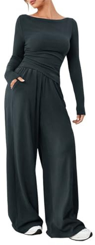 crazy bean Tuta Sportiva Invernale e Casual da Donna Tuta da Donna Elegante Curvy 2 Pezzi Casual Completa Manica Lunga Set Maglia a Pantaloni Sportivi con Elastico in Vita Grigio Scuro M