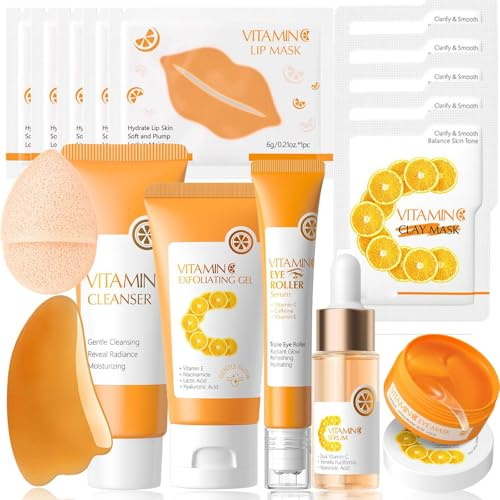Vitamin C Skin Care Set Teenager Mädchen Geschenke - Skincare Set - Pflegeset Damen - Beauty Set Frauen - Gesichtspflege Set mit Gel,Gesichtsreiniger,Serum,Augencreme,Lippenmaske,Augenmaske,Tonmaske