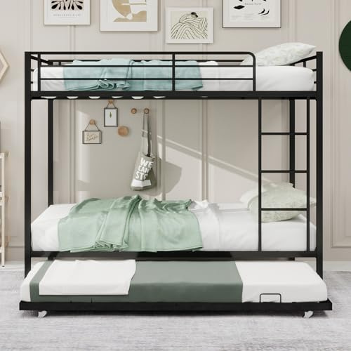 Full Over Full Size Triple Bunk Bed with Trundle, Heavy Duty Metal Bunk Bed Frame with Surrounded Safety Guardrails for 3 Sleepers, Small Bedroom, Bunk Beds for Kids, Teens, Adults, Black