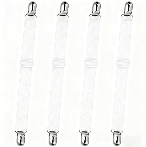 KIRVOS 4 Tendeurs Drap Housse Réglables - Attache Drap, Clip Couette, Tendeur Élastique, Bloque Drap Housse Contre Dérapage, Idéal pour Toutes Tailles de Lits & Tables à Repasser (Blanc)
