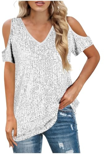 Top Fiesta Mujer Top Lentejuelas Mujer Lentejuelas Ropa Manga Larga Disco Camiseta Verano Pantalon Nochevieja 2#Blanco L 2025