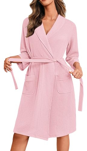 Ekouaer Morgenmantel Damen Waffelpique 3/4-Ärmeln Hausmantel | Leicht Weich Hausanzug, Kurz Kimono Robe mit Taschen, Elegant Lässig Knielang Loungewear