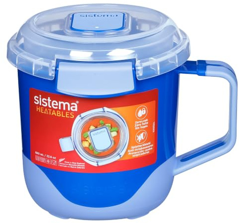 Sistema 100% Leakproof Heatables Microwave Food Container with Easy-Open Vents, Dishwasher Safe, 660 ml Soup Mug, Lazuli