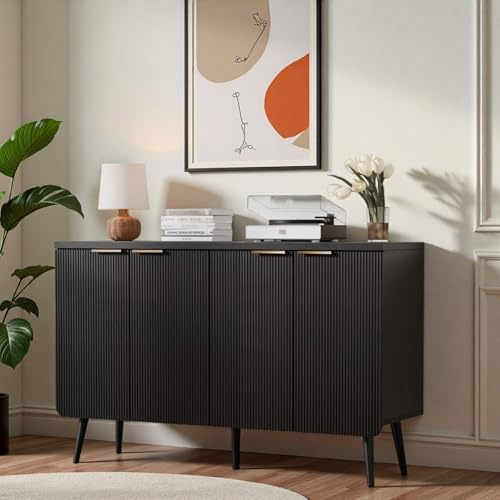 ComeWay 47.2 Modern Fluted Sideboard Cabinet with 4 Doors, Wood Storage Credenza with Shelves, Multi-Purpose Buffet Cabinet for Entryway, Dining & Living Room, Black